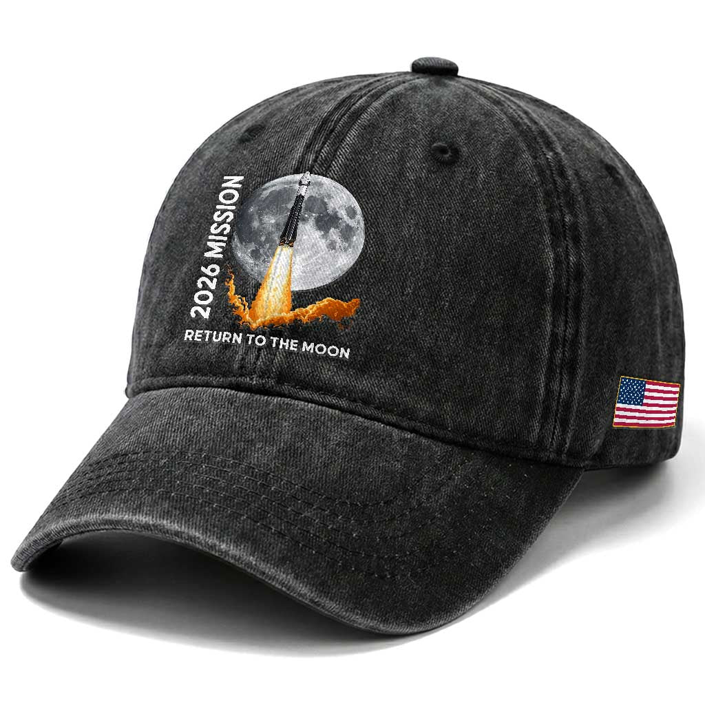 2026 Return to the Moon Mission Washed Cotton Baseball Cap Realistic Rocket Launch Lunar Graphic Space Exploration TS02 Print Your Wear