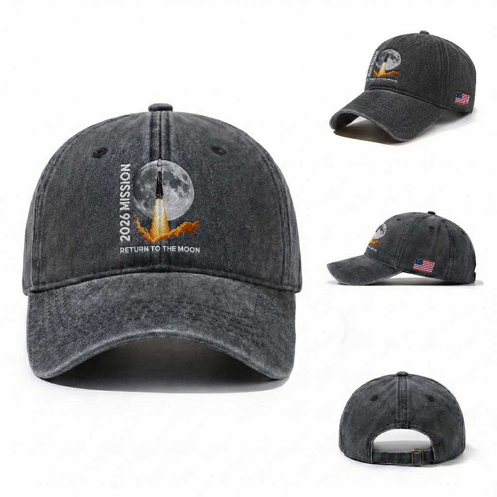 2026 Return to the Moon Mission Washed Cotton Baseball Cap Realistic Rocket Launch Lunar Graphic Space Exploration TS02 Washed Cap Universal Fit Dark Gray Print Your Wear