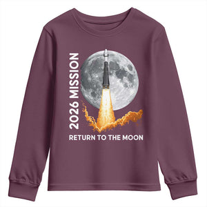 2026 Return to the Moon Mission Youth Sweatshirt Realistic Rocket Launch Lunar Graphic Space Exploration TS02 Maroon Print Your Wear