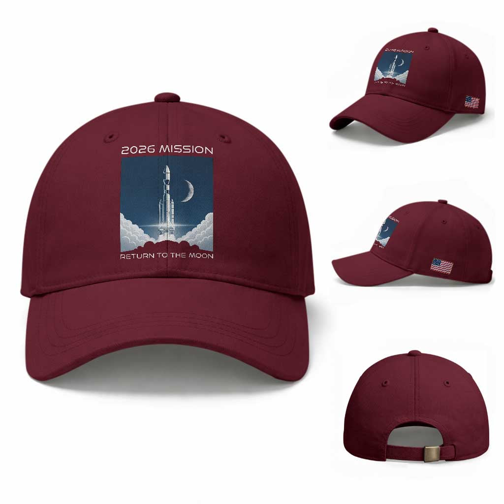 Future Lunar Mission 2026 Baseball Cap Rocket Launch Lunar Orbit Space Exploration TS02 Baseball Cap Universal Fit Maroon Print Your Wear