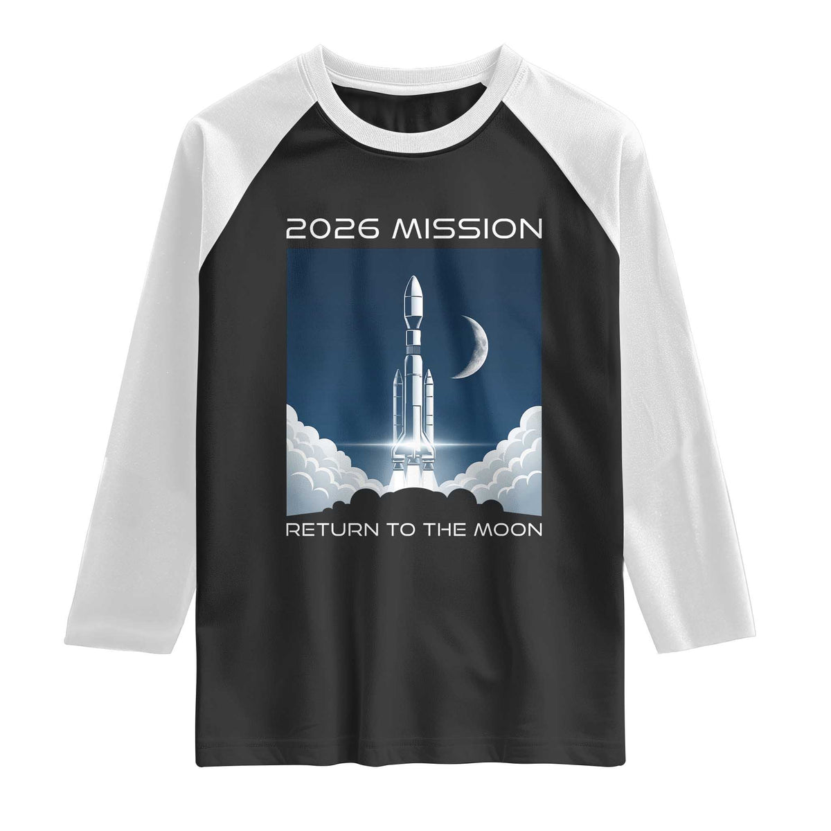Future Lunar Mission 2026 Raglan Shirt Rocket Launch Lunar Orbit Space Exploration TS02 Black White Print Your Wear