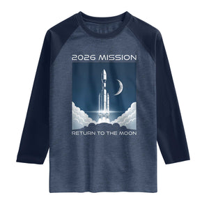 Future Lunar Mission 2026 Raglan Shirt Rocket Launch Lunar Orbit Space Exploration TS02 Heather Denim Navy Print Your Wear