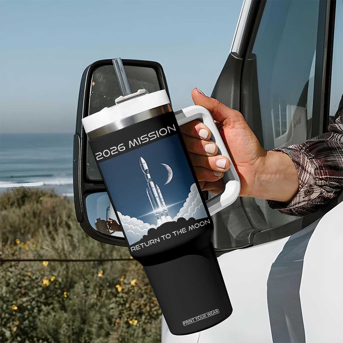 Future Lunar Mission 2026 Tumbler With Handle Rocket Launch Lunar Orbit Space Exploration TS02 Print Your Wear