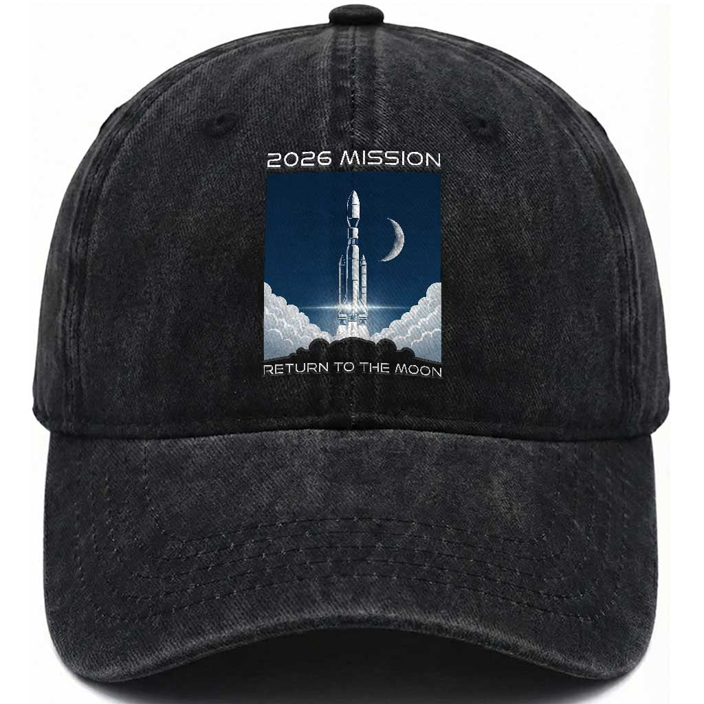 Future Lunar Mission 2026 Washed Cotton Baseball Cap Rocket Launch Lunar Orbit Space Exploration TS02 Print Your Wear