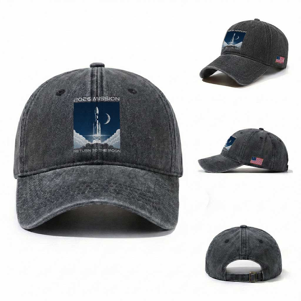 Future Lunar Mission 2026 Washed Cotton Baseball Cap Rocket Launch Lunar Orbit Space Exploration TS02 Washed Cap Universal Fit Dark Gray Print Your Wear
