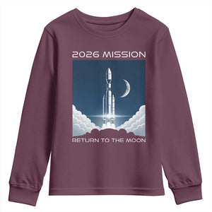 Future Lunar Mission 2026 Youth Sweatshirt Rocket Launch Lunar Orbit Space Exploration TS02 Maroon Print Your Wear