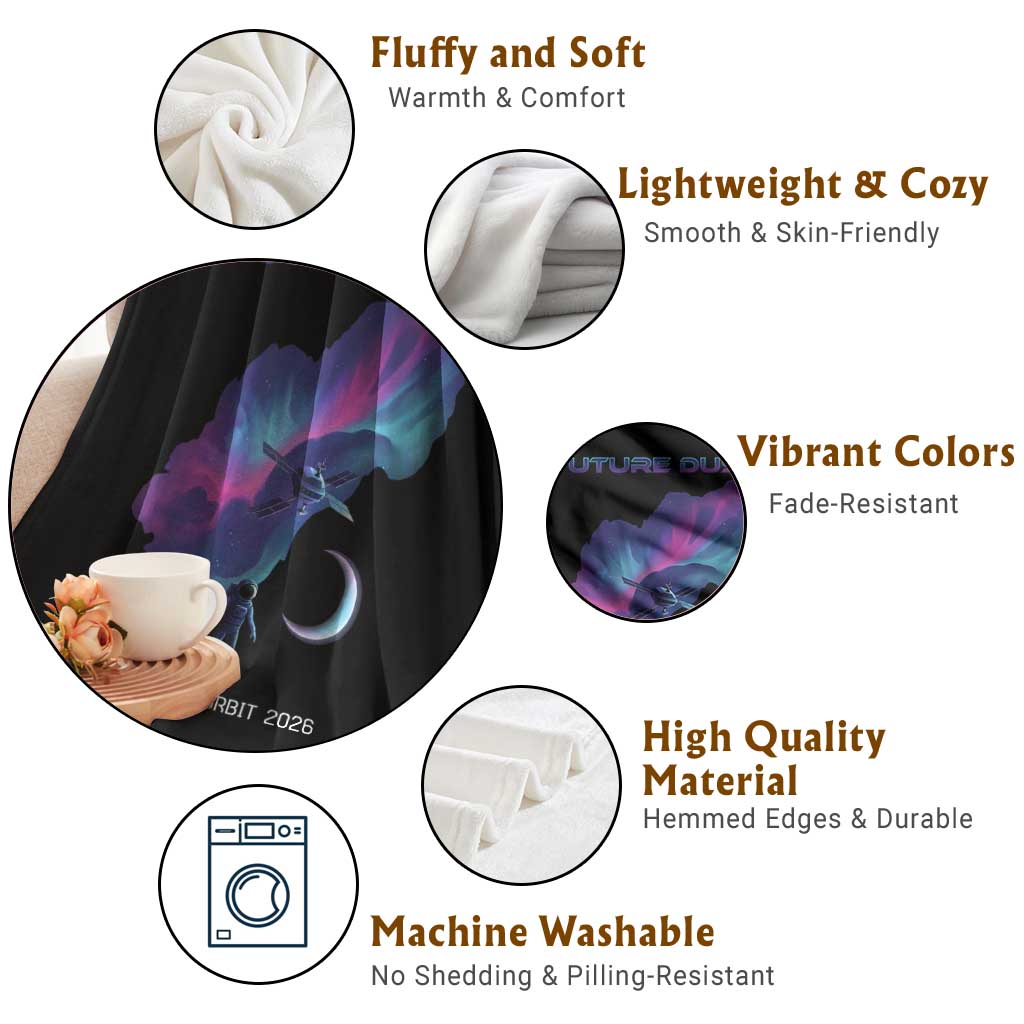 Future Dusk Lunar Orbit 2026 Throw Blanket Cosmic Nebula Astronaut n Satellite Space Exploration TS02 Print Your Wear