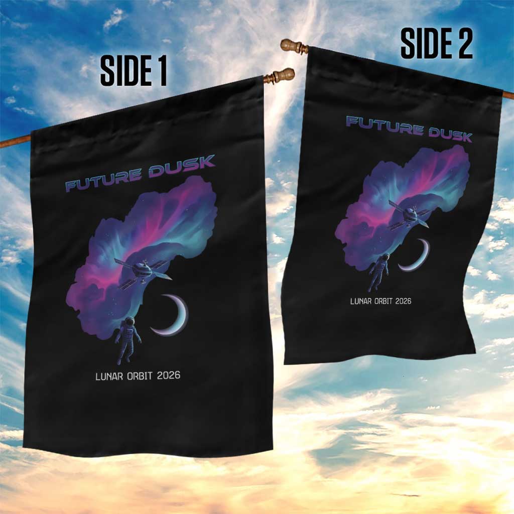 Future Dusk Lunar Orbit 2026 Garden Flag Cosmic Nebula Astronaut n Satellite Space Exploration TS02 Print Your Wear
