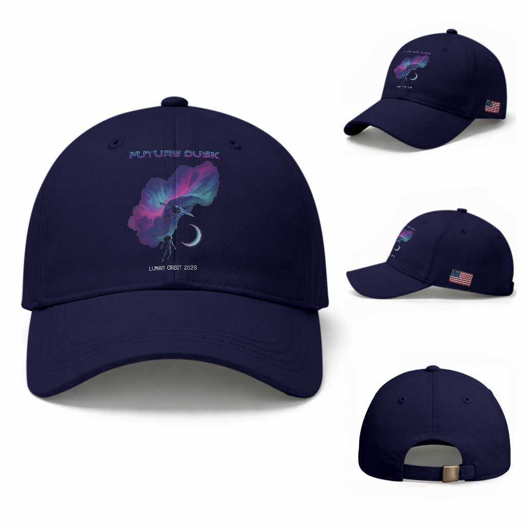 Future Dusk Lunar Orbit 2026 Baseball Cap Cosmic Nebula Astronaut n Satellite Space Exploration TS02 Baseball Cap Universal Fit Dark Blue Print Your Wear