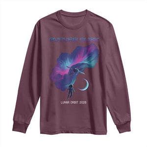 Future Dusk Lunar Orbit 2026 Long Sleeve Shirt Cosmic Nebula Astronaut n Satellite Space Exploration TS02 Maroon Print Your Wear