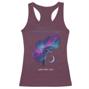 Future Dusk Lunar Orbit 2026 Racerback Tank Top Cosmic Nebula Astronaut n Satellite Space Exploration TS02 Maroon Print Your Wear