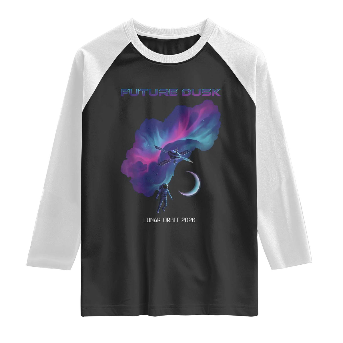 Future Dusk Lunar Orbit 2026 Raglan Shirt Cosmic Nebula Astronaut n Satellite Space Exploration TS02 Black White Print Your Wear
