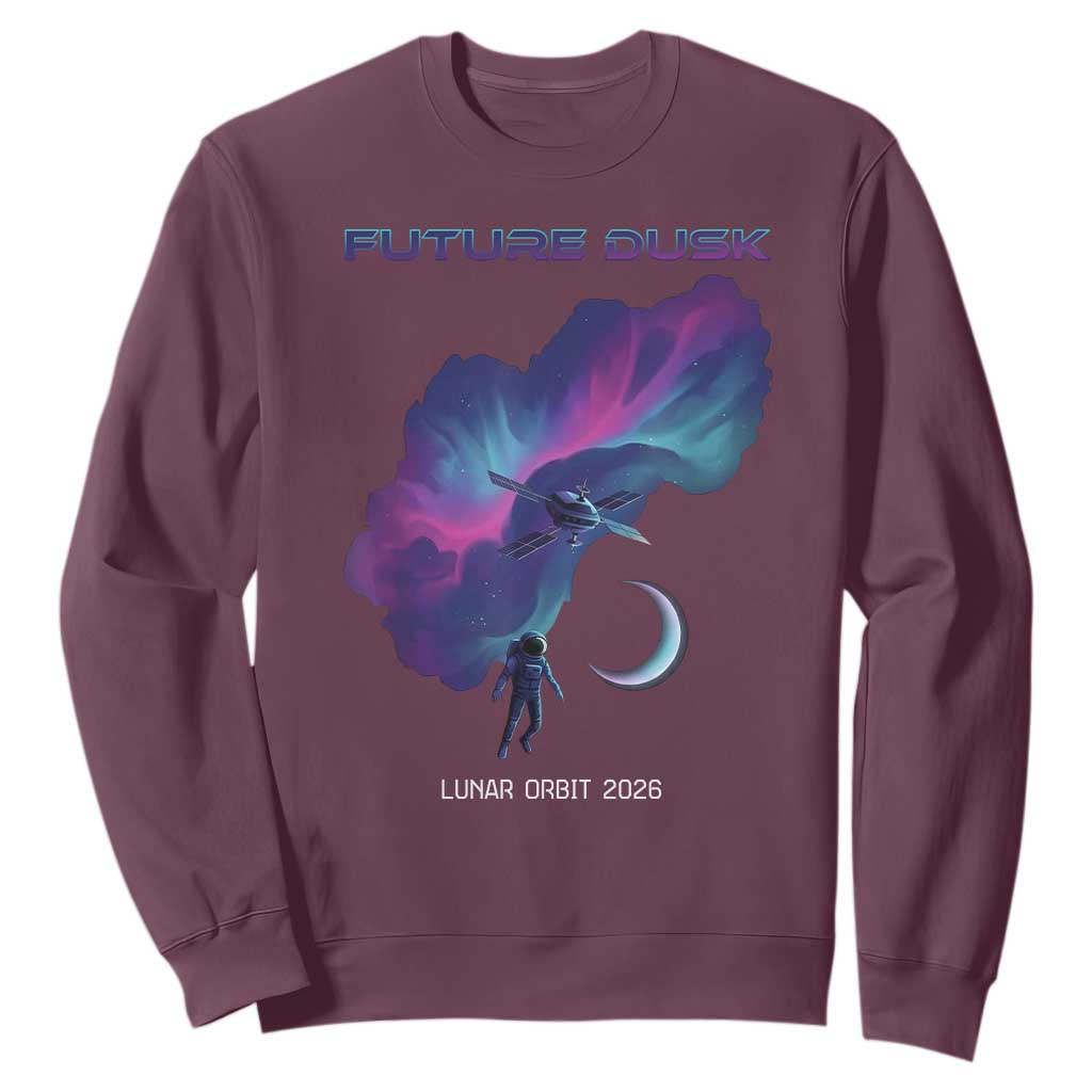 Future Dusk Lunar Orbit 2026 Sweatshirt Cosmic Nebula Astronaut n Satellite Space Exploration TS02 Maroon Print Your Wear