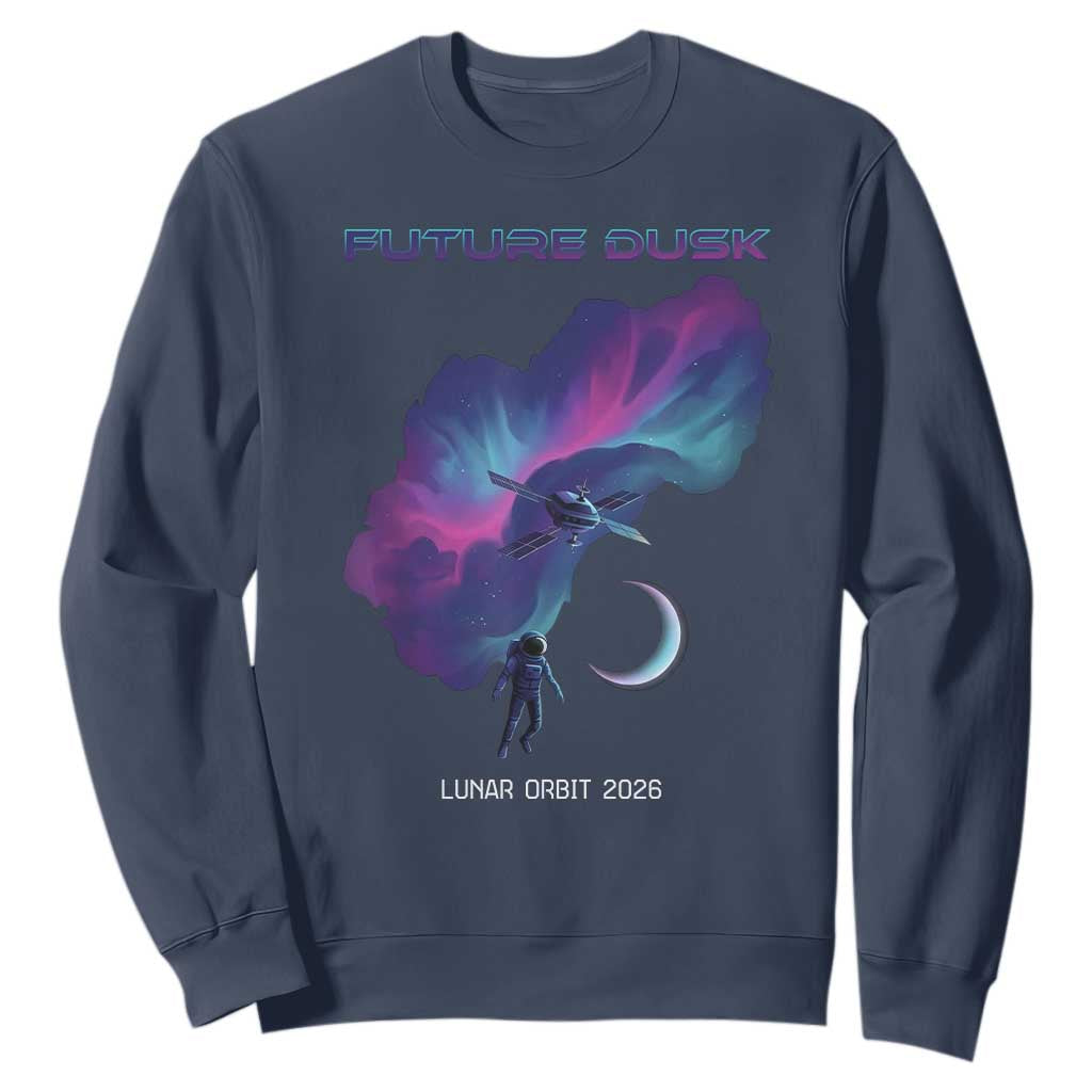 Future Dusk Lunar Orbit 2026 Sweatshirt Cosmic Nebula Astronaut n Satellite Space Exploration TS02 Navy Print Your Wear