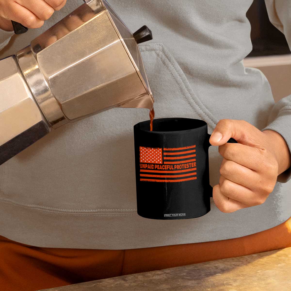 Unpaid Peaceful Protester Orange Distressed American Flag Coffee Mug Satirical Political Graphic TS02 Print Your Wear
