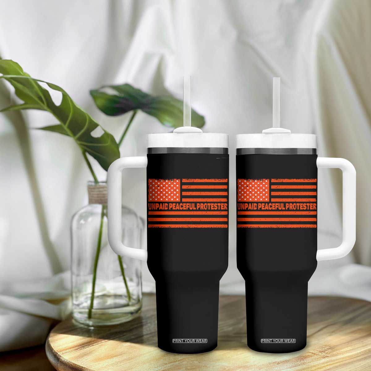 Unpaid Peaceful Protester Orange Distressed American Flag Tumbler With Handle Satirical Political Graphic TS02 Print Your Wear