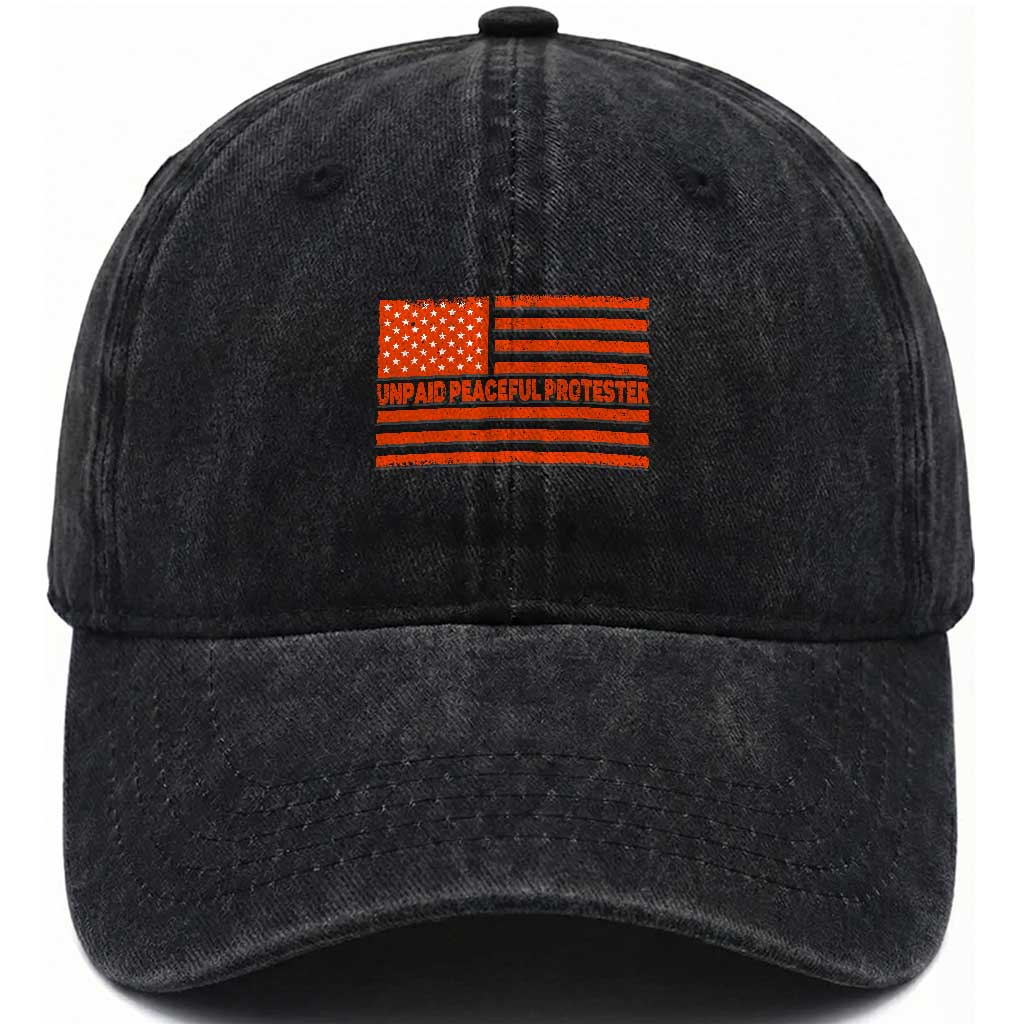 Unpaid Peaceful Protester Orange Distressed American Flag Washed Cotton Baseball Cap Satirical Political Graphic TS02 Print Your Wear