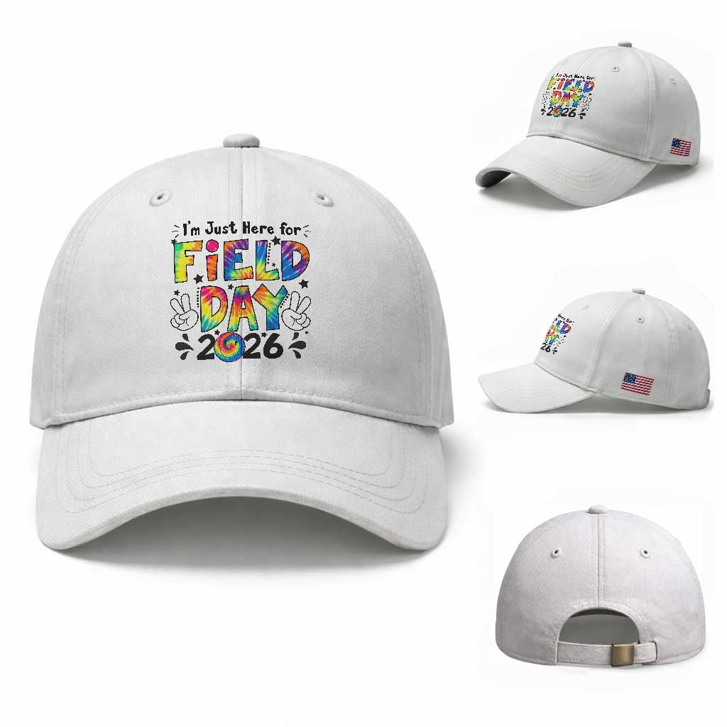 I'm Just Here for Field Day 2026 Baseball Cap Groovy School Retro Tie Dye Effect Printing TS02 Baseball Cap Universal Fit White Print Your Wear