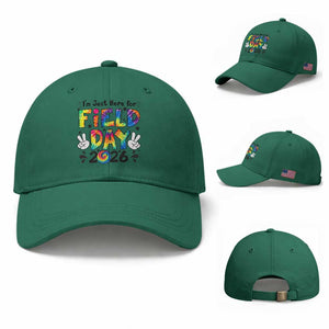 I'm Just Here for Field Day 2026 Baseball Cap Groovy School Retro Tie Dye Effect Printing TS02 Baseball Cap Universal Fit Irish Green Print Your Wear
