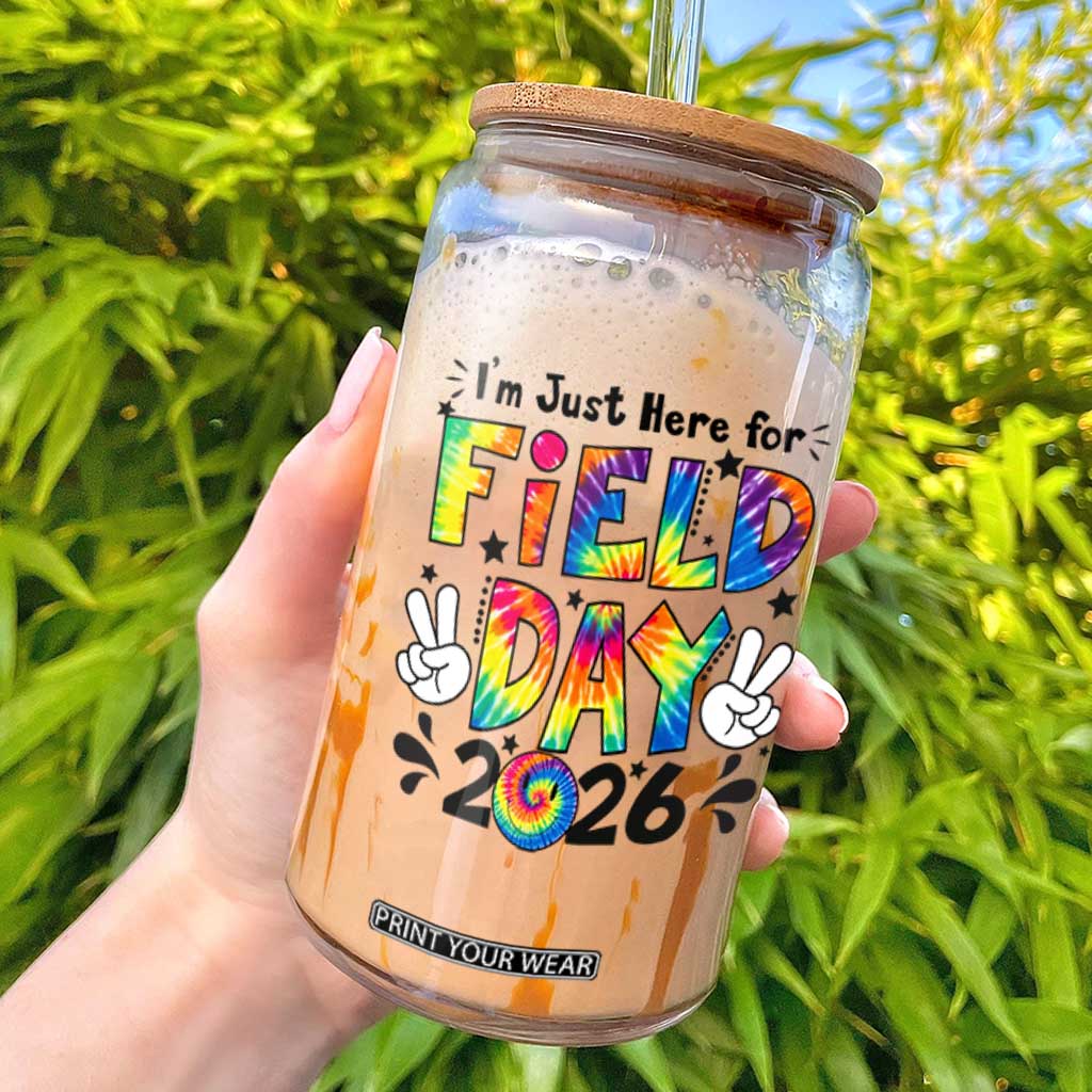 I'm Just Here for Field Day 2026 Glass Can Groovy School Retro Tie Dye Effect Printing TS02 White Print Your Wear