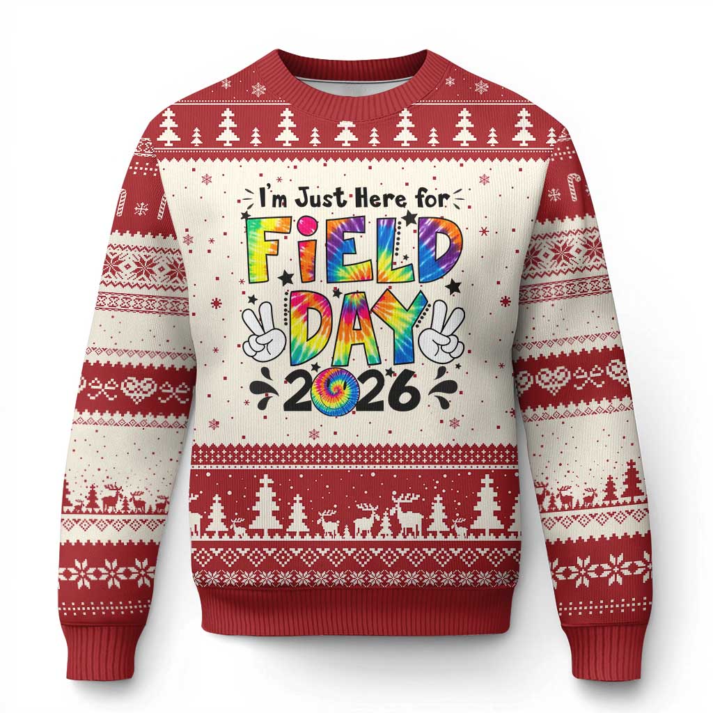 I'm Just Here for Field Day 2026 Ugly Christmas Sweater Groovy School Retro Tie Dye Effect Printing TS02 Beige Red Print Your Wear