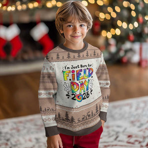 I'm Just Here for Field Day 2026 Ugly Christmas Sweater Groovy School Retro Tie Dye Effect Printing TS02 Mocha Mousse Print Your Wear
