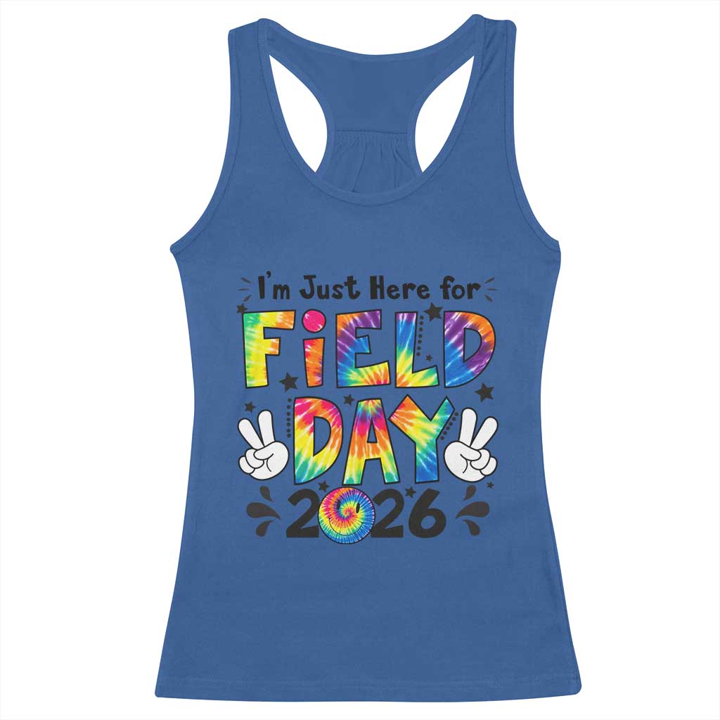 I'm Just Here for Field Day 2026 Racerback Tank Top Groovy School Retro Tie Dye Effect Printing TS02 Royal Blue Print Your Wear