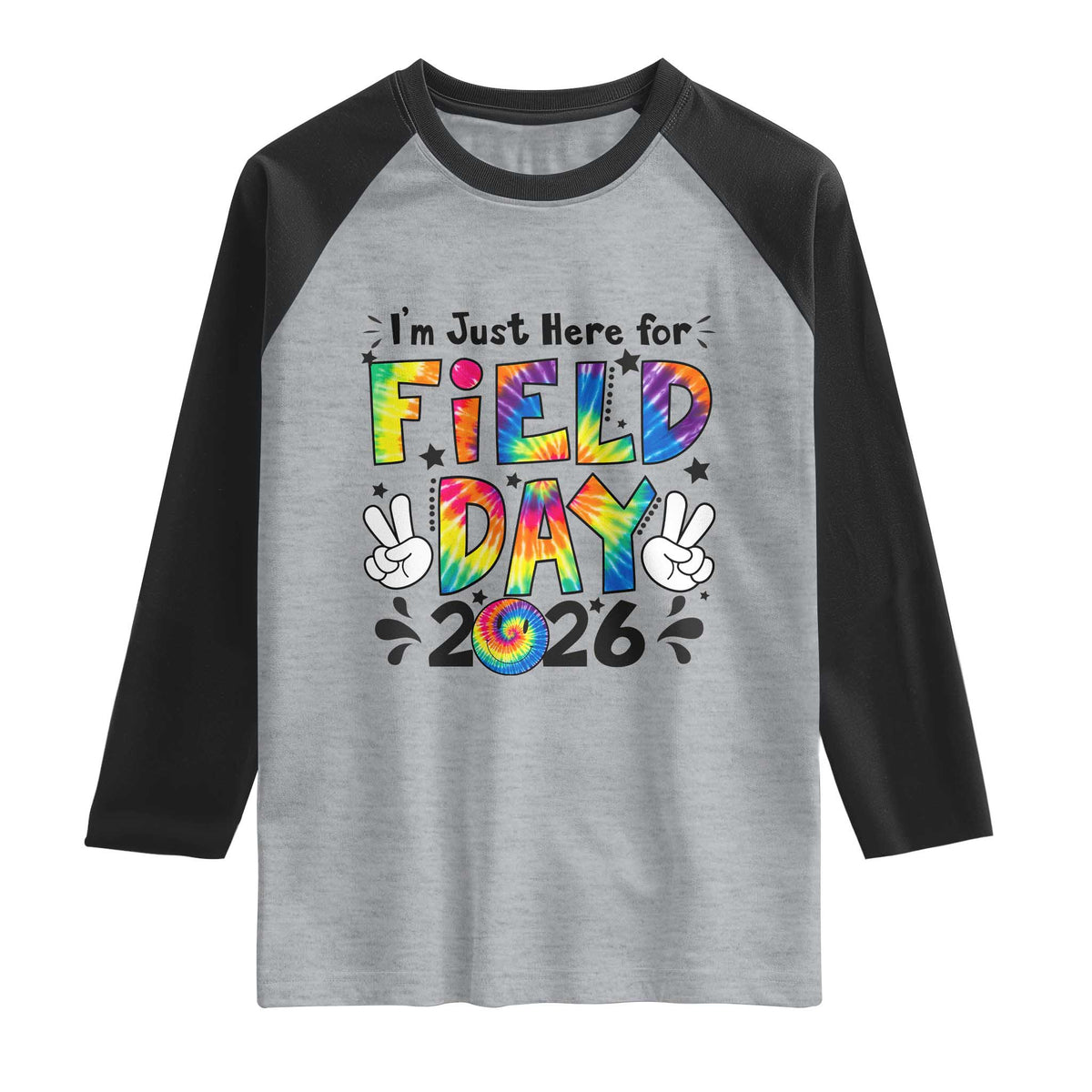 I'm Just Here for Field Day 2026 Raglan Shirt Groovy School Retro Tie Dye Effect Printing TS02 Heather Gray Black Print Your Wear