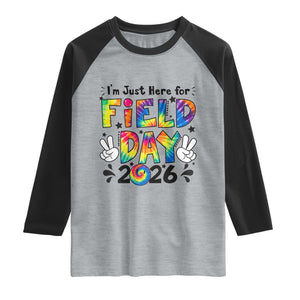 I'm Just Here for Field Day 2026 Raglan Shirt Groovy School Retro Tie Dye Effect Printing TS02 Heather Gray Black Print Your Wear