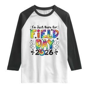 I'm Just Here for Field Day 2026 Raglan Shirt Groovy School Retro Tie Dye Effect Printing TS02 White Black Print Your Wear