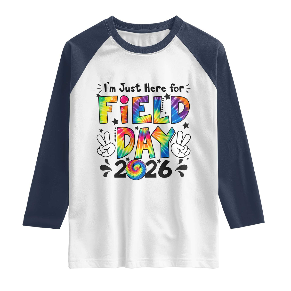 I'm Just Here for Field Day 2026 Raglan Shirt Groovy School Retro Tie Dye Effect Printing TS02 White Navy Print Your Wear