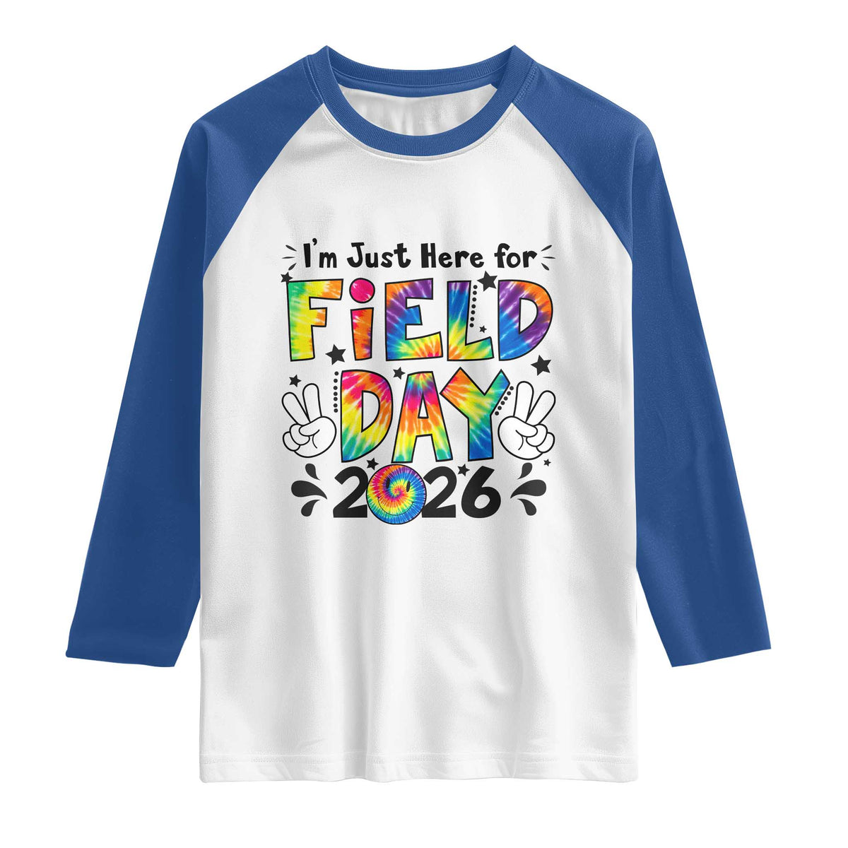 I'm Just Here for Field Day 2026 Raglan Shirt Groovy School Retro Tie Dye Effect Printing TS02 White Royal Print Your Wear