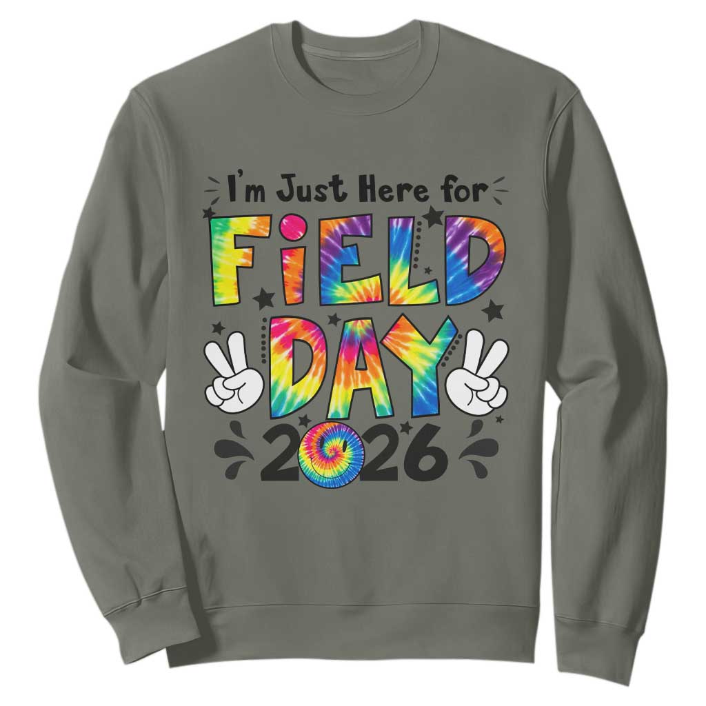 I'm Just Here for Field Day 2026 Sweatshirt Groovy School Retro Tie Dye Effect Printing TS02 Military Green Print Your Wear