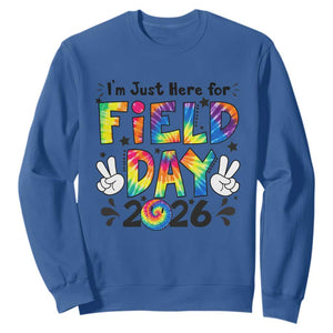 I'm Just Here for Field Day 2026 Sweatshirt Groovy School Retro Tie Dye Effect Printing TS02 Royal Blue Print Your Wear