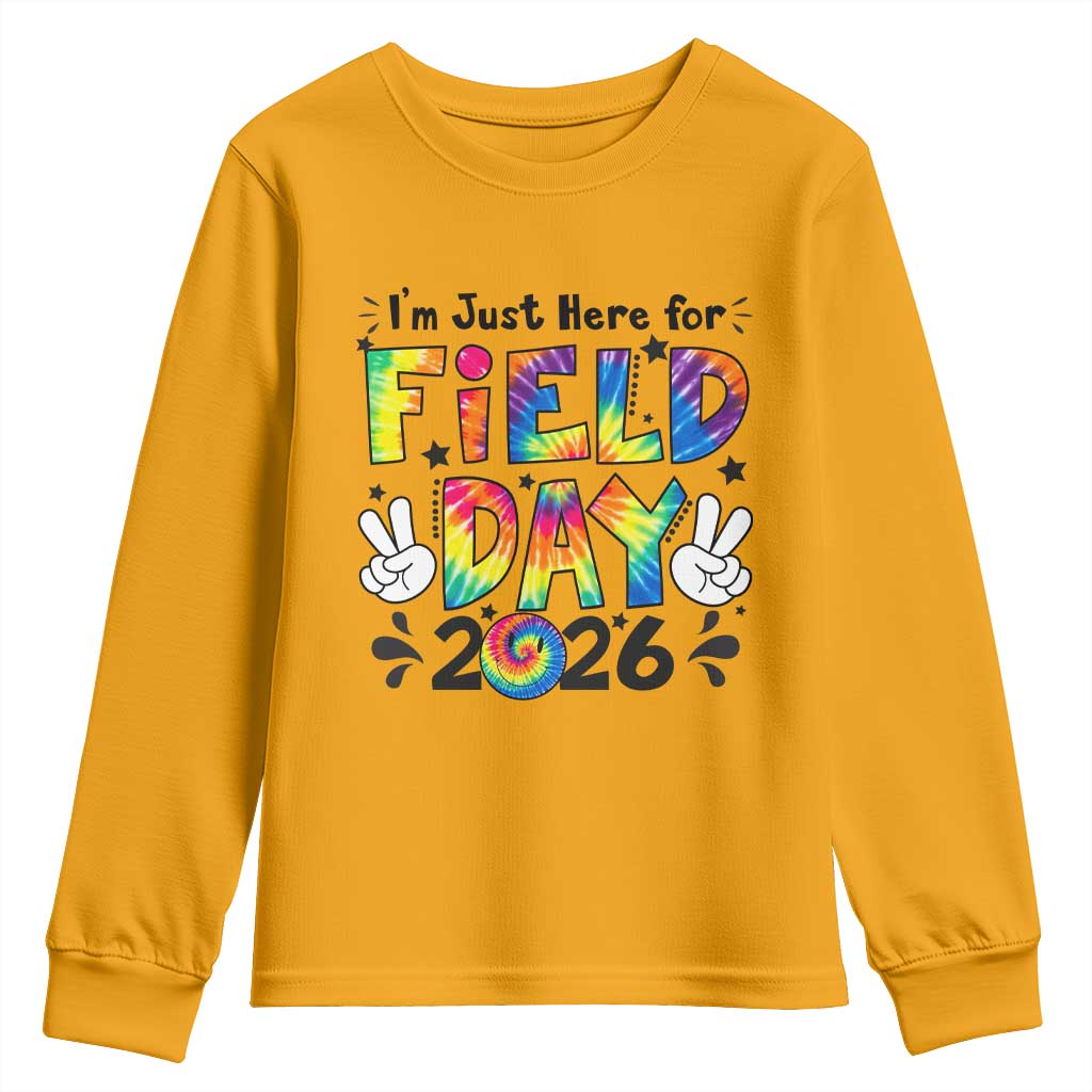 I'm Just Here for Field Day 2026 Youth Sweatshirt Groovy School Retro Tie Dye Effect Printing TS02 Gold Print Your Wear