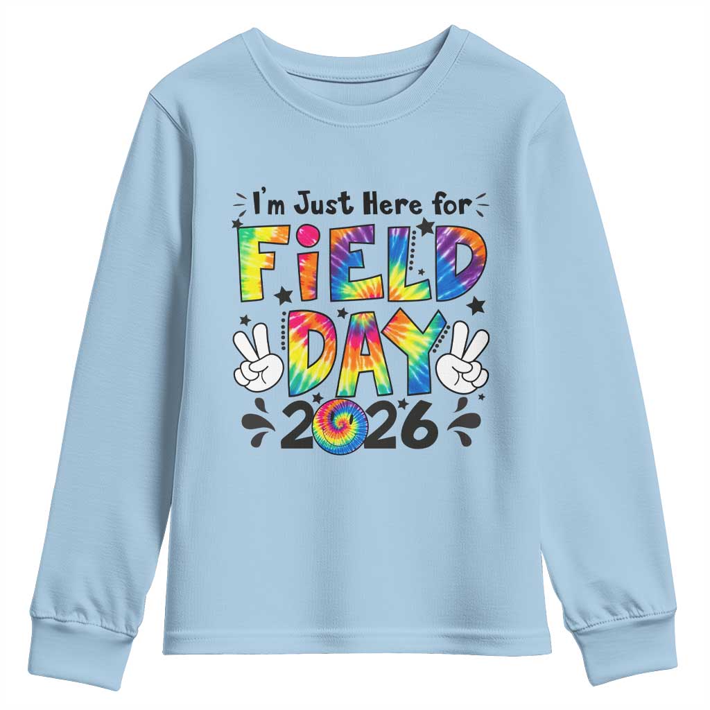 I'm Just Here for Field Day 2026 Youth Sweatshirt Groovy School Retro Tie Dye Effect Printing TS02 Light Blue Print Your Wear