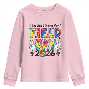 I'm Just Here for Field Day 2026 Youth Sweatshirt Groovy School Retro Tie Dye Effect Printing TS02 Light Pink Print Your Wear