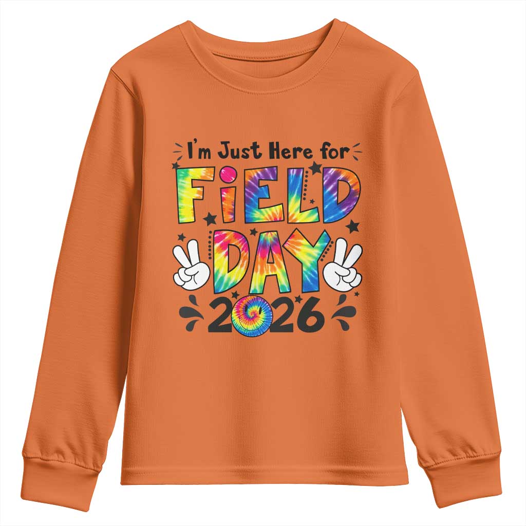 I'm Just Here for Field Day 2026 Youth Sweatshirt Groovy School Retro Tie Dye Effect Printing TS02 Orange Print Your Wear