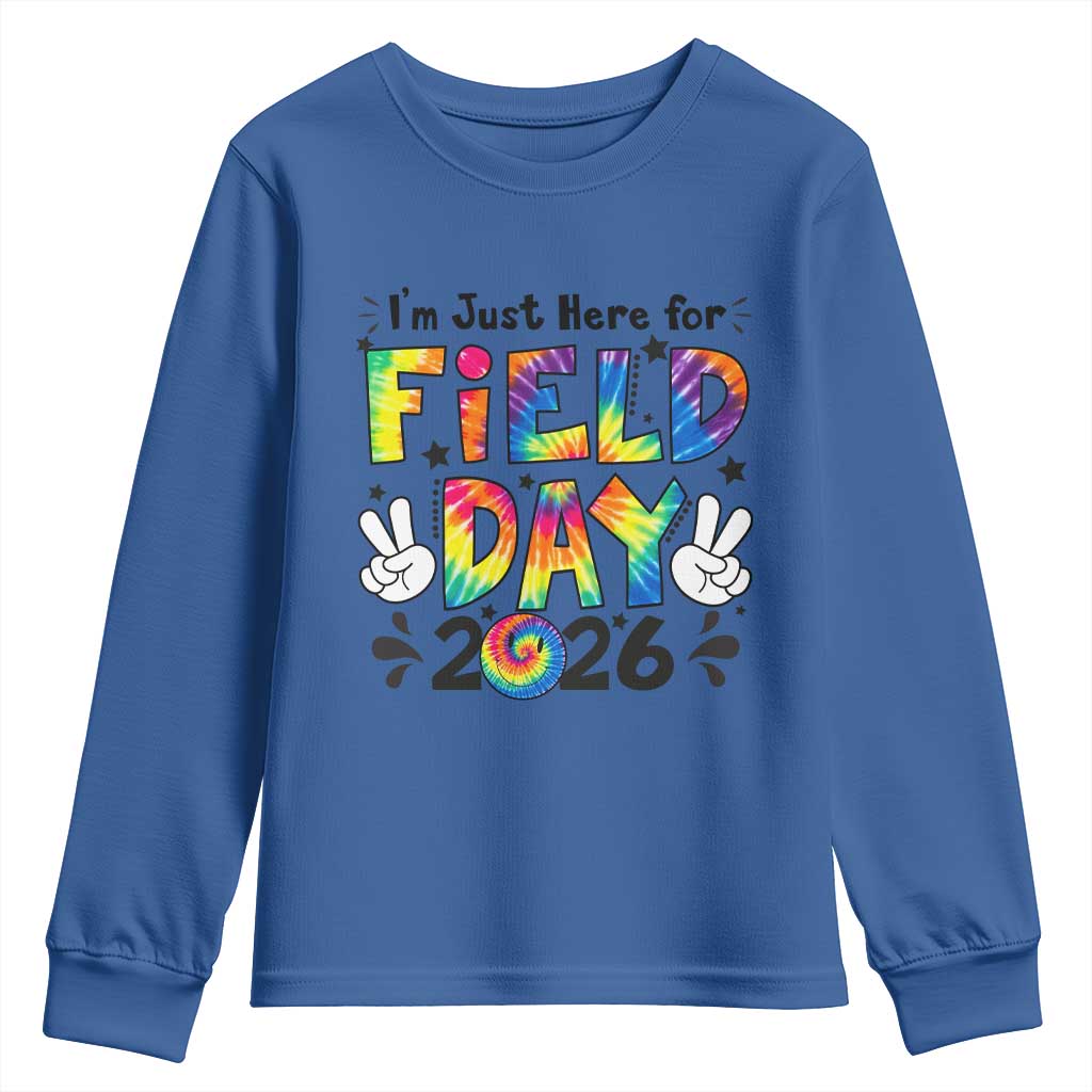 I'm Just Here for Field Day 2026 Youth Sweatshirt Groovy School Retro Tie Dye Effect Printing TS02 Royal Blue Print Your Wear