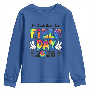 I'm Just Here for Field Day 2026 Youth Sweatshirt Groovy School Retro Tie Dye Effect Printing TS02 Royal Blue Print Your Wear