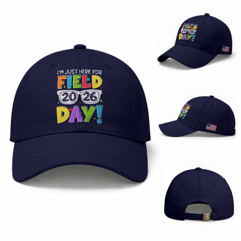I'm Just Here for Field Day 2026 Baseball Cap School Colorful Sunglasses Graphic TS02 Baseball Cap Universal Fit Dark Blue Print Your Wear