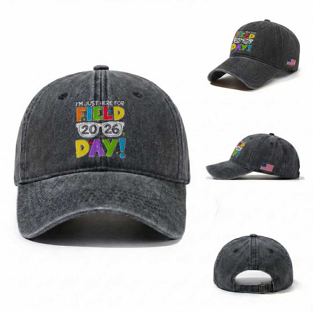 I'm Just Here for Field Day 2026 Washed Cotton Baseball Cap School Colorful Sunglasses Graphic TS02 Washed Cap Universal Fit Dark Gray Print Your Wear