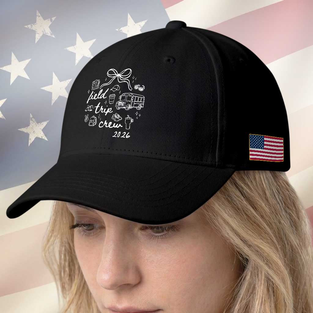 Field Trip Crew 2026 Coquette Bow Baseball Cap Hand Drawn Doodle Graphic Teacher Chaperone TS02 Print Your Wear