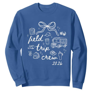 Field Trip Crew 2026 Coquette Bow Sweatshirt Hand Drawn Doodle Graphic Teacher Chaperone TS02 Royal Blue Print Your Wear
