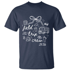 Field Trip Crew 2026 Coquette Bow T Shirt Hand Drawn Doodle Graphic Teacher Chaperone TS02 Navy Print Your Wear