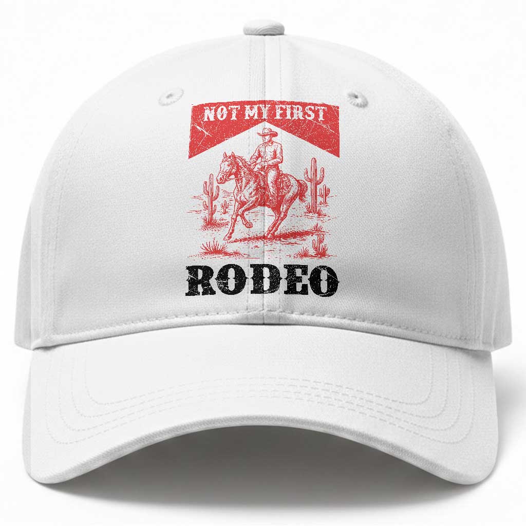 Not My First Rodeo Vintage Cowboy Graphic Baseball Cap Retro Western Desert Scene with Horse and Cactus TS02 Print Your Wear