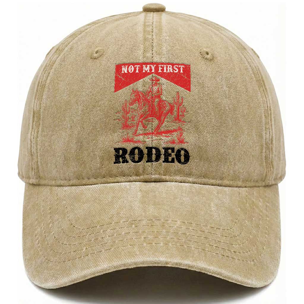 Not My First Rodeo Vintage Cowboy Graphic Washed Cotton Baseball Cap Retro Western Desert Scene with Horse and Cactus TS02 Print Your Wear