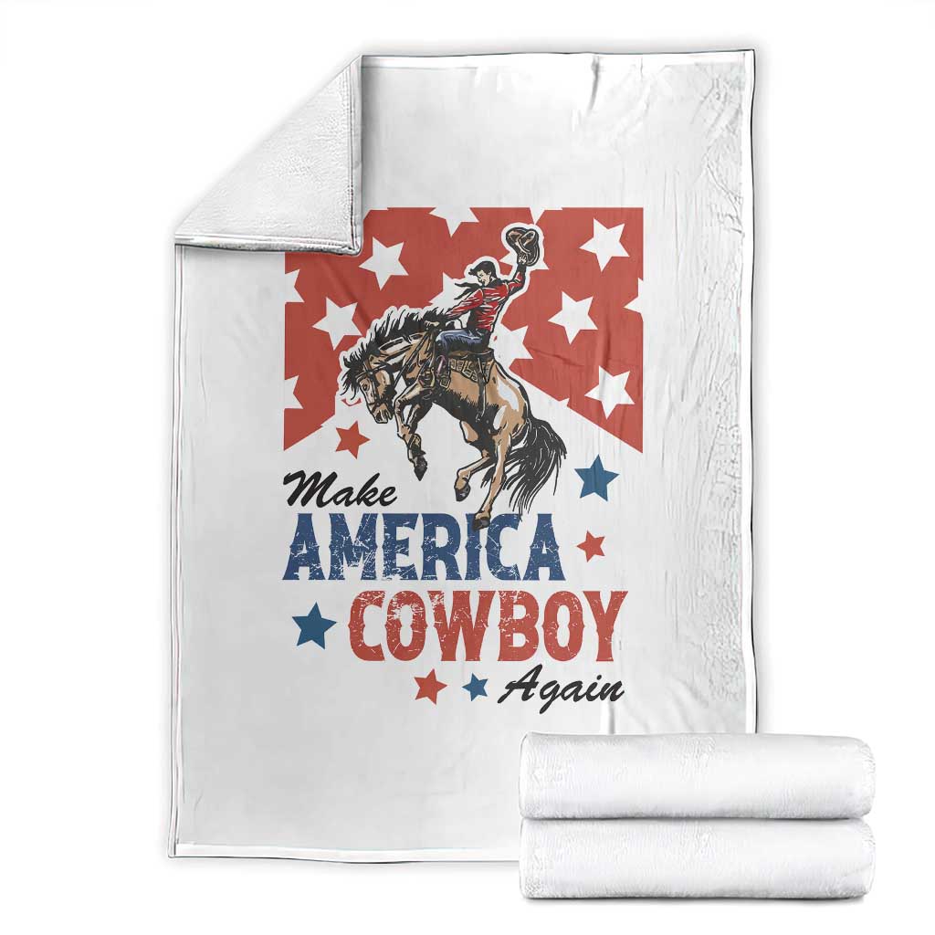 Make America Cowboy Again Patriotic Western Throw Blanket Bucking Bronco Star Spangled USA Flag Inspired Country TS02 White Print Your Wear