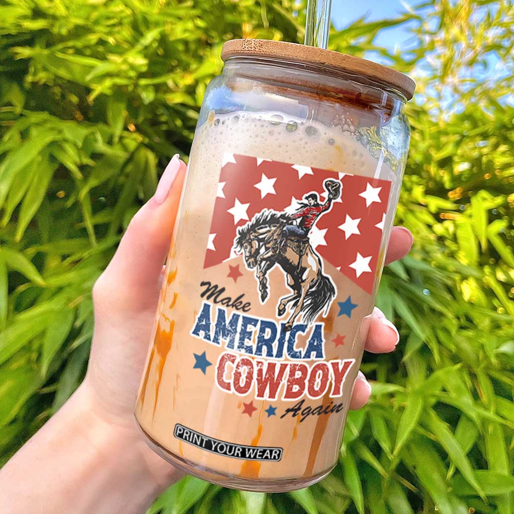 Make America Cowboy Again Patriotic Western Glass Can Bucking Bronco Star Spangled USA Flag Inspired Country TS02 White Print Your Wear