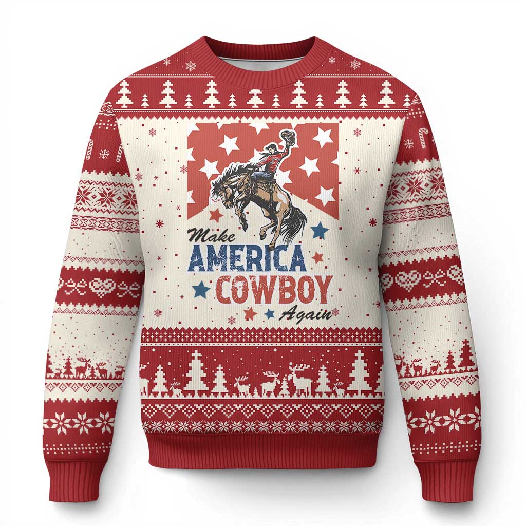 Make America Cowboy Again Patriotic Western Ugly Christmas Sweater Bucking Bronco Star Spangled USA Flag Inspired Country TS02 Beige Red Print Your Wear